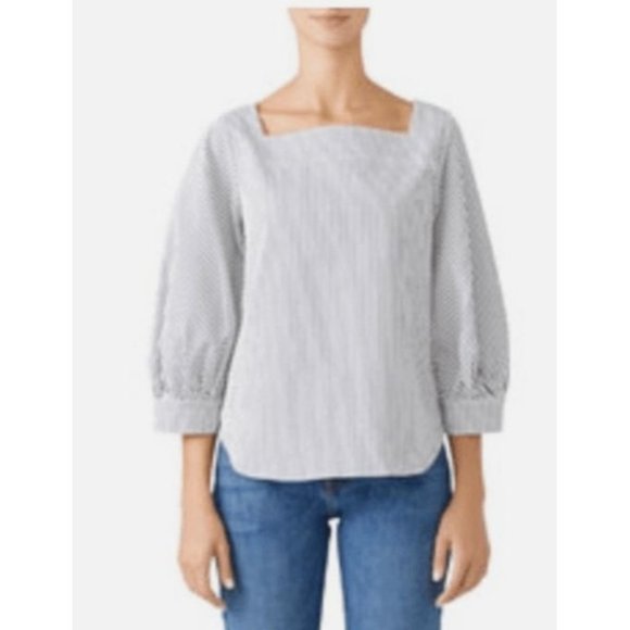 Caara Blue and White Striped Balloon Sleeve Square‎ Neck Top Small NWOT $90 - Picture 3 of 12